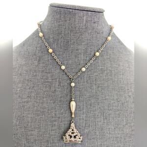 1928 Y Drop Faux Pearl Chain Ornate Silver Tone Filigree Basket Pendant Necklace